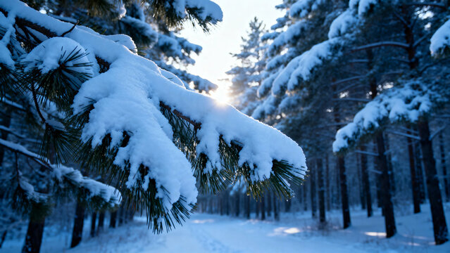 Snow-covered pine trees in a winter forest with sunlight filtering through the branches