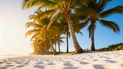 Obraz premium Tropical beach with palm trees and white sand under clear blue sky