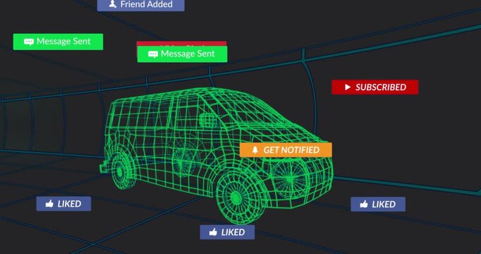 Green wireframe van in tunnel while cursor hovering triggers badges clustering, showing engagement