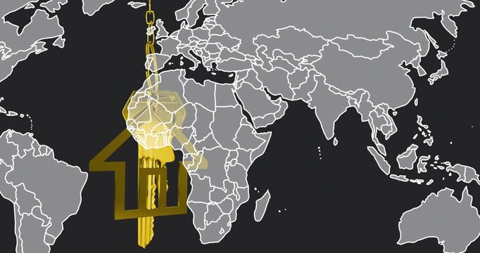 Gold house key charm and keys appearing, rotating left and swinging to highlight home on map
