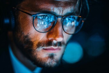 Silent sentinel: midnight analysis of global cyber data. Modern style. Beyond the screens: nighttime specialist in a blazing data world. Print ready. High resolution.