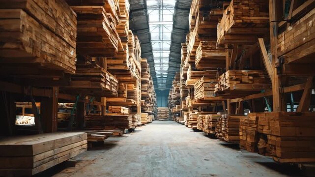 Medium shot capturing vertical storage of lumber in an urban sawmill highlighting spacesaving techniques with timber stacked neatly on multilevel racks.