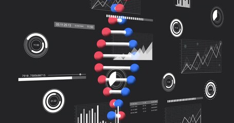 On play 3D DNA helix appearing rotating and translating diagonally HUD widgets visualizing metrics - Powered by Adobe
