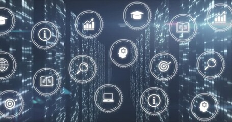 Floating icons appearing, pulsing, expanding after camera pushing forward to show data hub - Powered by Adobe