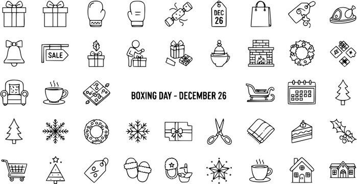 Boxing Day Line Art Icons: Gift, Sale, Christmas, Winter Holiday (December 26th)