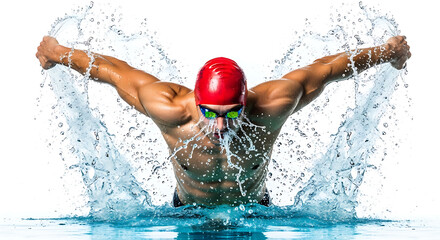 Muscular swimmer in a red cap and goggles performing the butterfly stroke, surrounded by splashing water.