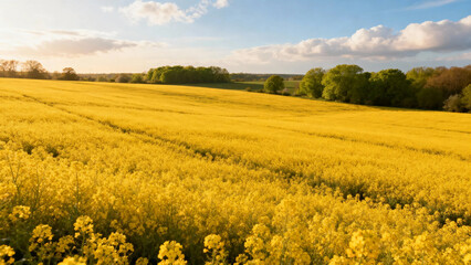 Obraz premium Vast field of blooming yellow rapeseed flowers under a partly cloudy sky