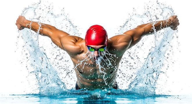 Muscular swimmer in a red cap and goggles performing the butterfly stroke, surrounded by splashing water.
