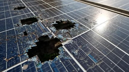 Damaged solar panels with visible holes and broken glass, showcasing the impact of environmental factors on renewable energy technology and sustainability efforts - Powered by Adobe