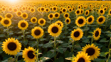 A vast field of blooming sunflowers under warm sunlight, showcasing vibrant yellow petals and dark centers.