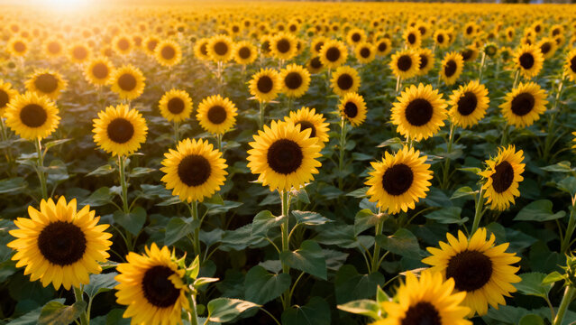 A vast field of blooming sunflowers under warm sunlight, showcasing vibrant yellow petals and dark centers.