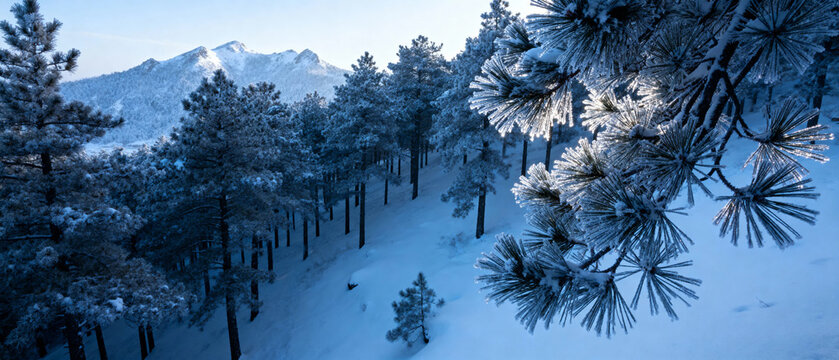 Snow-covered pine forest with mountain peaks in the background under a clear blue sky