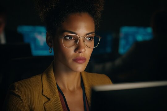 Stylish programmer decoding visual data in today's work world. Newsworthy image. Woman with chic glasses analyzes complex digital displays. True story. True vision. - Powered by Adobe