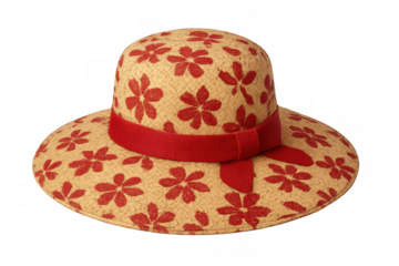 Straw sun hat featuring red floral pattern and ribbon, protecting from sun, beach fashion accessory