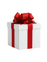 Obraz premium White box with red ribbon, bow centered against dark space