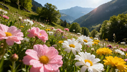 Colorful wildflowers in a mountain meadow with sunlight and distant peaks