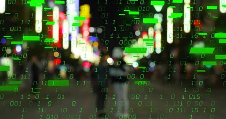 Green binary starting, growing and converting neon street into binary data while two adults walking - Powered by Adobe