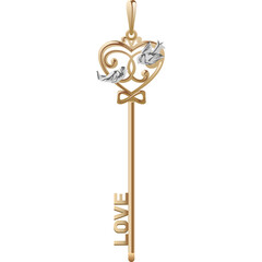 Elegant Golden Key Pendant Featuring Intricate Heart Design with Two Birds and the Word Love Engraved on a Transparent Background