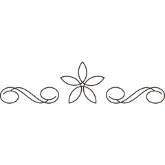 Elegant floral and scroll divider ornament with a five petal flower in the center on a white background