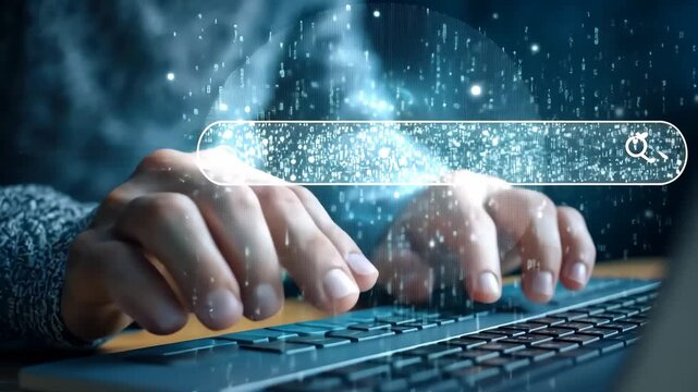 Hands of a person typing on a laptop keyboard, with a glowing search bar overlay and sparkling digital effects, illustrating the concept of online searching and technology
