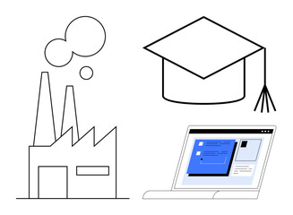 Factory emitting smoke, graduation cap, and laptop with screen elements. Ideal for education, industry, technology, innovation, knowledge career growth and progress themes. Simple flat metaphor