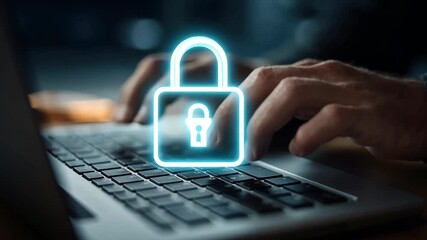 Hands of a person typing on a laptop keyboard with a glowing digital padlock icon above, symbolizing online security and data protection in a modern workspace - Powered by Adobe