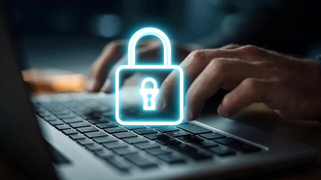 Hands of a person typing on a laptop keyboard with a glowing digital padlock icon above, symbolizing online security and data protection in a modern workspace - Powered by Adobe