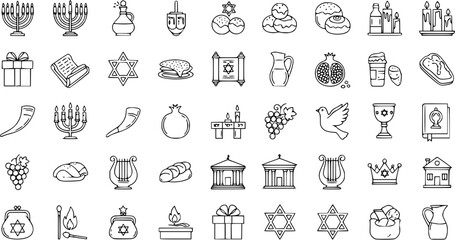 Collection of Jewish Holiday Icons: Hanukkah, Rosh Hashanah, Yom Kippur, Shabbat  Sukkot Outline Symbols