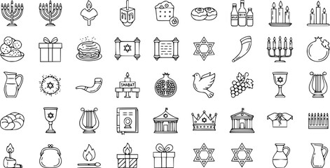 Jewish Holiday Icons: Chanukah, Shabbat, Rosh Hashanah, Yom Kippur, Hanukkah symbols. Vector Lineart Set.