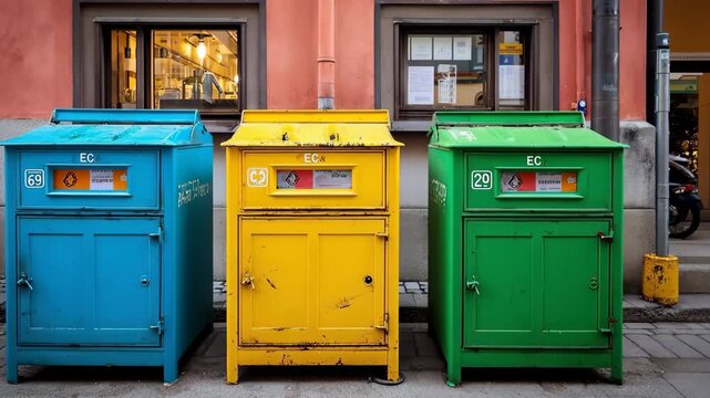 Colorful recycling bins in urban setting, featuring blue, yellow, and green containers, positioned on sidewalk, promoting environmental awareness and waste management practices
