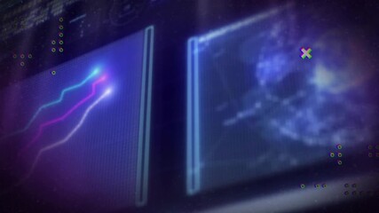 Loading spinner appearing, pair of vertical UI panels pulsing, shifting and visualizing HUD status - Powered by Adobe