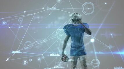 Football player entering and adjusting helmet, holding ball, HUD linking chest, preparing to pass - Powered by Adobe