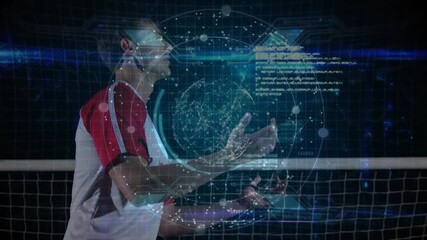 Male athlete sports drill, seeing ball from right, tracking heading ball with holo globe overlaying - Powered by Adobe