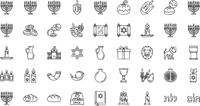 Set of Jewish holiday symbols. Hand-drawn doodle icons for Hanukkah, Shabbat, and Rosh Hashanah. Religious vector line art collection.