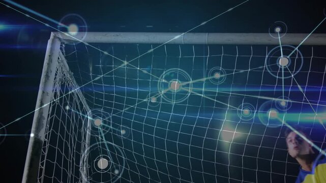 Goalkeeper tracking incoming ball, timing leap saving while HUD nodes mapping net for sports tech - Powered by Adobe
