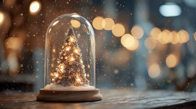 Glowing Mini Christmas Tree in Glass Dome &ndash; Twinkling Ornaments and Gentle Snow on Cozy Wooden Table