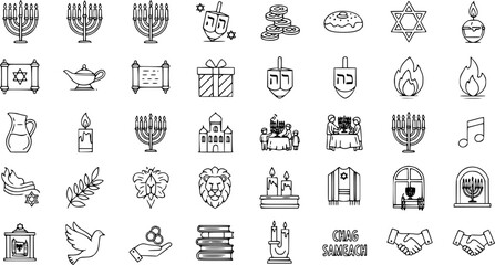 Hanukkah and Jewish Holiday Line Art Icons Set. Traditional symbols like menorahs, dreidels, Torah scrolls, oil lamps, gifts, and other celebration elements.