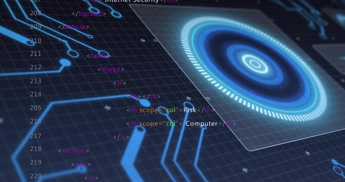 HTML code appearing left, spawning blue traces sweeping to pulsing HUD, showing cyber threats