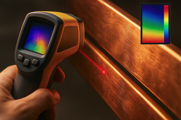 Thermal power tool captures heat data from wooden surface with ai precision to build accurate temperature crunch in center of analysis