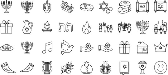Jewish Holidays and Culture Line Icons Set: Hanukkah, Rosh Hashanah, Shabbat Symbols, Menorah, Dreidel, Torah, Star of David, Family