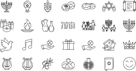 Jewish Holidays and Traditions Outline Icons Set. Hanukkah, Rosh Hashanah, Shabbat, Passover Symbols. Line Art Collection.