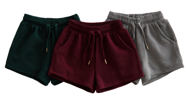 Three comfy shorts green, burgundy, and gray