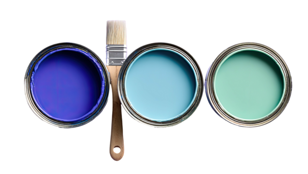 Paint cans and brush with blue/teal color palette, top view - Powered by Adobe