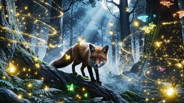 Fox in a fairytale forest with illuminated butterflies and decorative lights