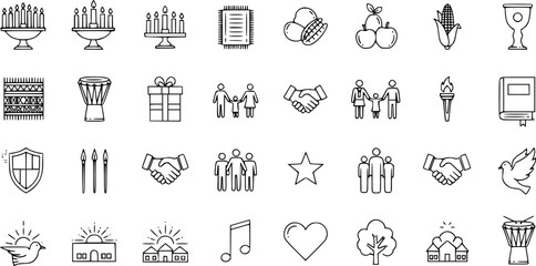 Kwanzaa Line Icons Set. Vector outline symbols of African American holiday celebration, family, community, traditions, and culture.