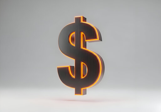 3D lead gray dollar sign with orange neon lights.