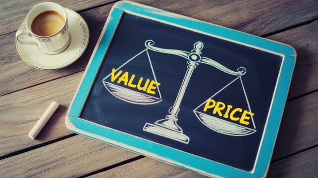 Price and Value Balance: A conceptual illustration showing the crucial balance between price and value, underscored by the presence of a coffee cup. 