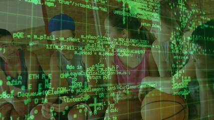 Band player tapping phone team leaning in as girl holding basketball green matrix revealing faces - Powered by Adobe