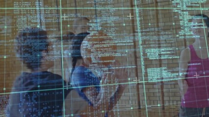 Player in blue shirt catching ball, initiating shot to score, sports HUD overlay tracking ball arc - Powered by Adobe