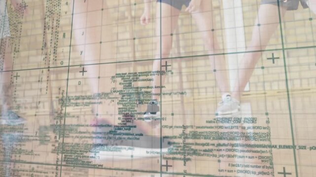 Teen boy and teammates starting basketball training, ball appearing, dribbling, grid overlay moving